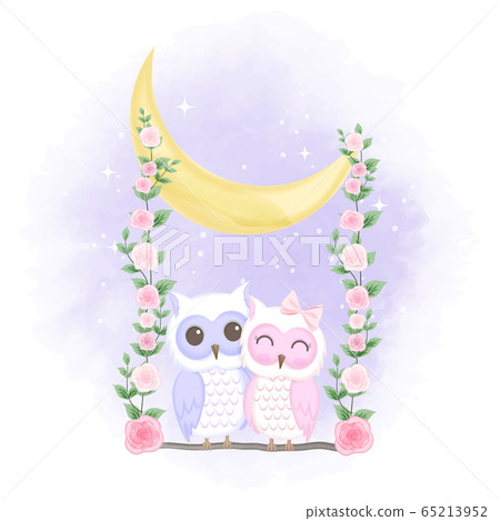Cute couple owl on swing hand drawn cartoon Cute couple owl on swing hand drawn cartoon 65213952