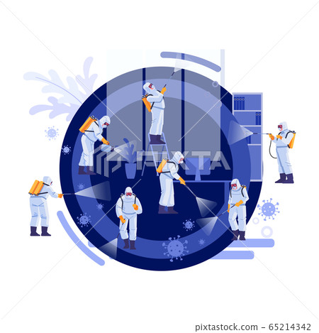 Disinfection Services and Deep Cleaning. Coronavirus, pandemic. Group Of Janitors In Uniform Cleaning and remediation to curb infection. Vector illustration. Disinfection Services and Deep Cleaning. Coronavirus, pandemic. Group Of Janitors In Uniform Cleaning and remediation to curb infection. Vector illustration. 65214342