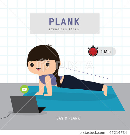 Plank Workout. Woman doing Planking exercise and yoga training at gym home, stay at home concept. Character Cartoon Vector illustration 65214784