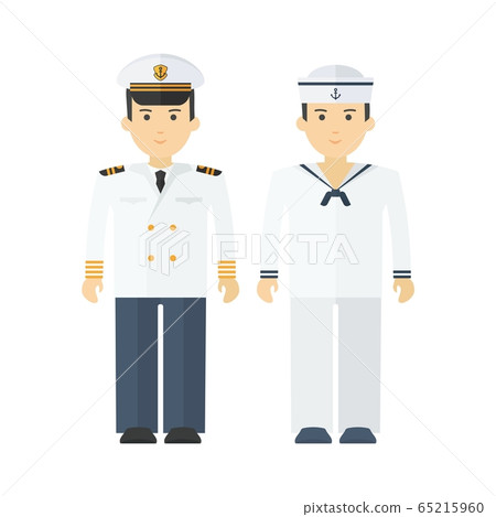Naval captain and shipboy. Flat vector cartoon illustration 65215960