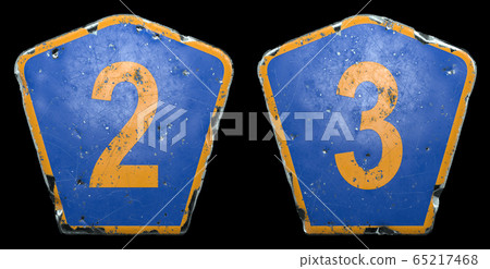 Set of public road signs in blue and orange color with a numbers 2 and 3 in the center isolated black background. 3d Set of public road signs in blue and orange color with a numbers 2 and 3 in the center isolated black background. 3d 65217468