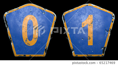 Set of public road signs in blue and orange color with a numbers 0 and 1 in the center isolated black background. 3d Set of public road signs in blue and orange color with a numbers 0 and 1 in the center isolated black background. 3d 65217469