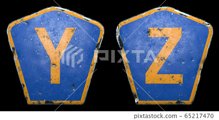 Set of public road signs in blue and orange color with a capital letters Y and Z in the center isolated black background. 3d Set of public road signs in blue and orange color with a capital letters Y and Z in the center isolated black background. 3d 65217470