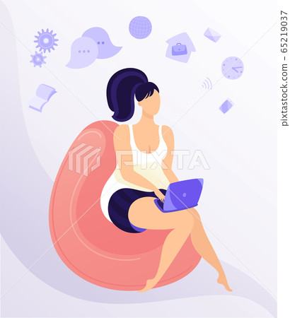 Work from home workplace concept design. Remote work. Happy young woman working on laptop, dressed in home clothes. Flat vector illustration isolated on white background. Work from home workplace concept design. Remote work. Happy young woman working on laptop, dressed in home clothes. Flat vector illustration isolated on white background. 65219037