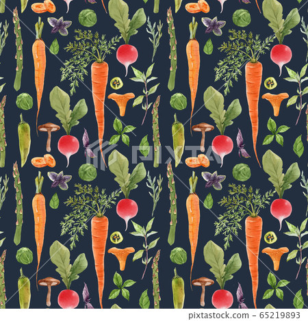 Beautiful seamless pattern with watercolor hand drawn vegetables. Stock illustration. Healthy food painting. Beautiful seamless pattern with watercolor hand drawn vegetables. Stock illustration. Healthy food painting. 65219893