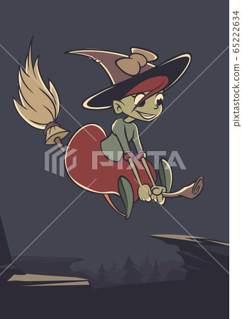 Halloween background with cute witch flying on her broom. Vector illustration 65222634