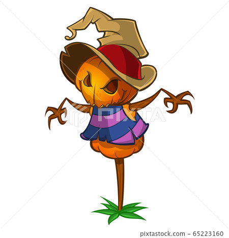 Scarecrow with pumpkin head in a witch hat and rags. Cartoon pumpkin head with hands Scarecrow with pumpkin head in a witch hat and rags. Cartoon pumpkin head with hands 65223160