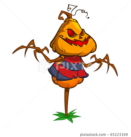 Halloween cartoon scarecrow dummy with pumpkin head. Vector jack-o-lantern illustration Halloween cartoon scarecrow dummy with pumpkin head. Vector jack-o-lantern illustration 65223169