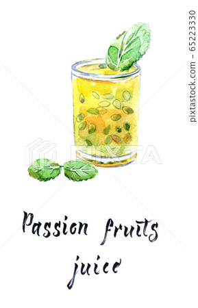 Passion fruit juice in glass with mint leaves 65223330