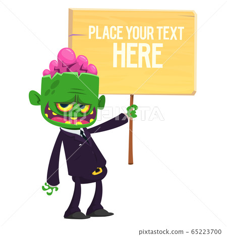 Cartoon zombie holding wooden sign. Vector illustration Cartoon zombie holding wooden sign. Vector illustration 65223700