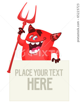 Funny cartoon monster peeping out of blank paper banner or placard. Vector illustration isolated on white 65223723