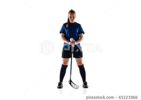 Floorball female player isolated on white studio background, action and motion concept Floorball female player isolated on white studio background, action and motion concept 65223866