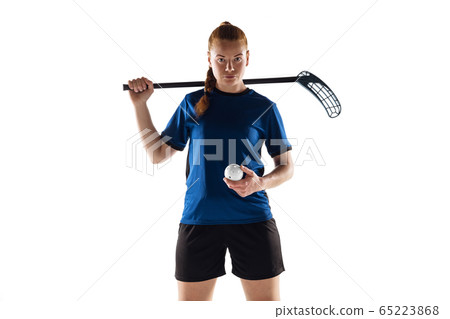Floorball female player isolated on white studio background, action and motion concept Floorball female player isolated on white studio background, action and motion concept 65223868