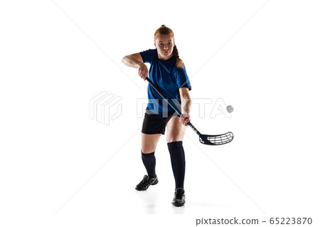 Floorball female player isolated on white studio background, action and motion concept Floorball female player isolated on white studio background, action and motion concept 65223870