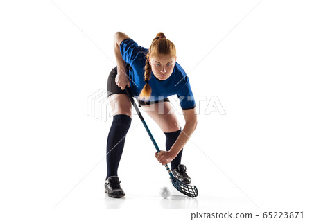 Floorball female player isolated on white studio background, action and motion concept Floorball female player isolated on white studio background, action and motion concept 65223871