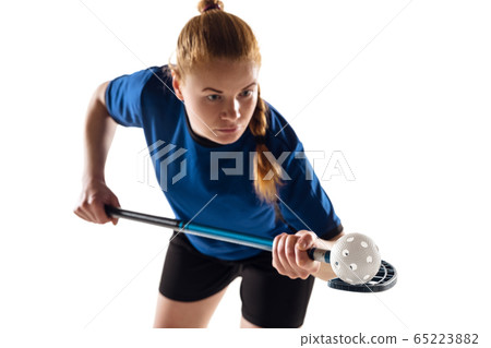 Floorball female player isolated on white studio background, action and motion concept 65223882