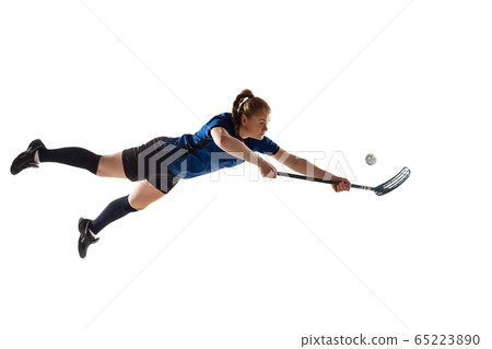 Floorball female player isolated on white studio background, action and motion concept Floorball female player isolated on white studio background, action and motion concept 65223890