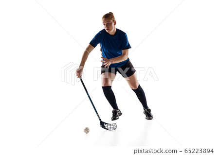 Floorball female player isolated on white studio background, action and motion concept Floorball female player isolated on white studio background, action and motion concept 65223894