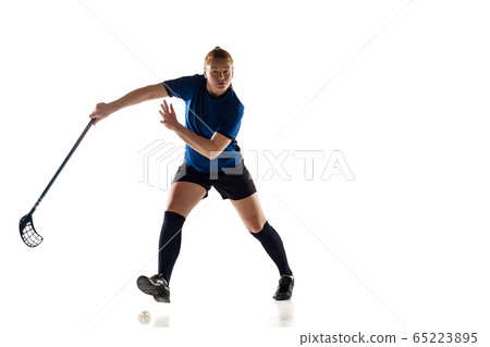 Floorball female player isolated on white studio background, action and motion concept 65223895