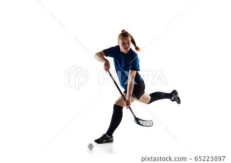 Floorball female player isolated on white studio background, action and motion concept Floorball female player isolated on white studio background, action and motion concept 65223897