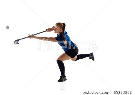 Floorball female player isolated on white studio background, action and motion concept Floorball female player isolated on white studio background, action and motion concept 65223898