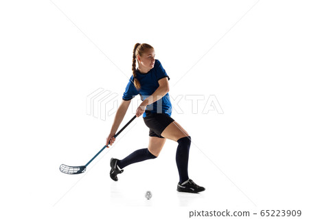 Floorball female player isolated on white studio background, action and motion concept Floorball female player isolated on white studio background, action and motion concept 65223909