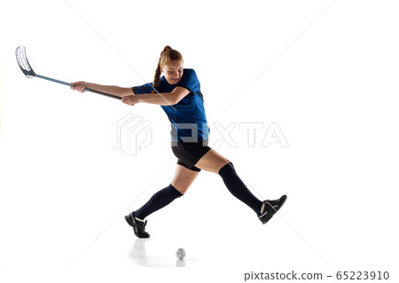 Floorball female player isolated on white studio background, action and motion concept Floorball female player isolated on white studio background, action and motion concept 65223910