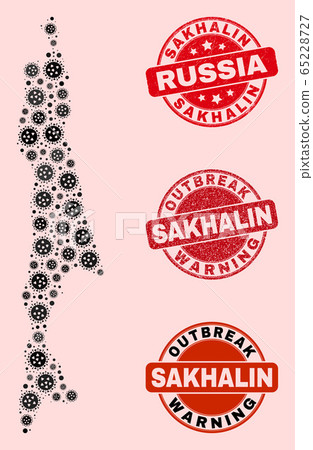 Virus Collage of Mosaic Sakhalin Island Map and Distress Seal Stamps Virus Collage of Mosaic Sakhalin Island Map and Distress Seal Stamps 65228727
