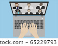 Video conference on a laptop vector illustration top view with hands on the keyboard 65229793