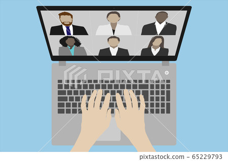 Video conference on a laptop vector illustration top view with hands on the keyboard Video conference on a laptop vector illustration top view with hands on the keyboard 65229793
