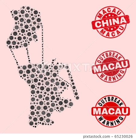 Covid Lockdown Collage of Mosaic Macau Map and Textured Stamps Covid Lockdown Collage of Mosaic Macau Map and Textured Stamps 65230026