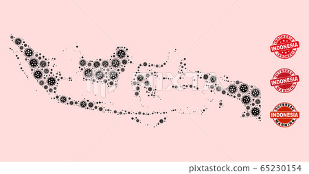 Outbreak Composition of Mosaic Indonesia Map and Textured Seal Stamps 65230154
