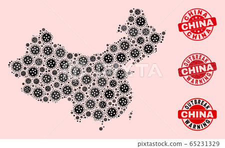 Flu Virus Collage of Mosaic China Map and Scratched Stamps 65231329