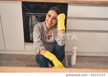 Delighted brunette female person looking at camera 65233137