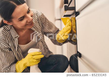 Cheerful young female person wiping glass surface 65233143