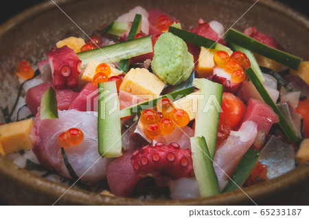 Mix sashimi salad with rice cup in Japanese style. Mix sashimi salad with rice cup in Japanese style. 65233187