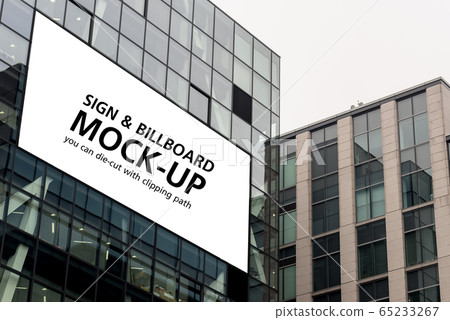Isolated white billboard mockup on building, billboard die-cut with clipping path Isolated white billboard mockup on building, billboard die-cut with clipping path 65233267