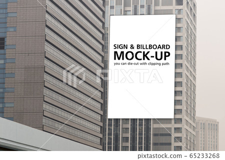 Isolated white billboard mockup on building, billboard die-cut with clipping path 65233268