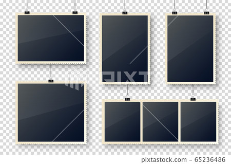 Photo card hanging on paper clips. Digital snapshot frame, photography. Vintage retro photograph Photo card hanging on paper clips. Digital snapshot frame, photography. Vintage retro photograph 65236486