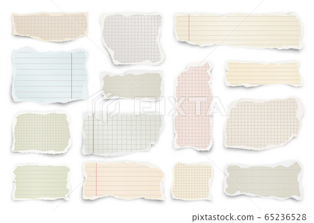 Ripped colored paper strips. Realistic crumpled paper scraps with torn edges. Lined shreds of 65236528