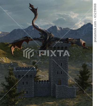 Fantasy dragon and medieval tower 3d illustration Fantasy dragon and medieval tower 3d illustration 65239088