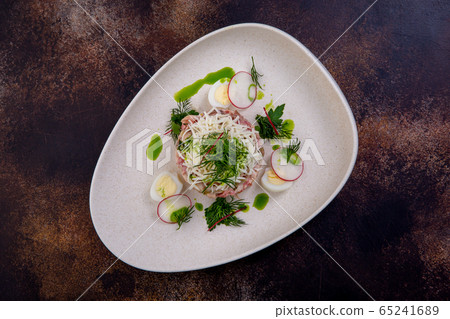 Salad of chicken fillet cooked in its own juice, home-made boiled pork, boiled beef tongue, sausage Salad of chicken fillet cooked in its own juice, home-made boiled pork, boiled beef tongue, sausage 65241689