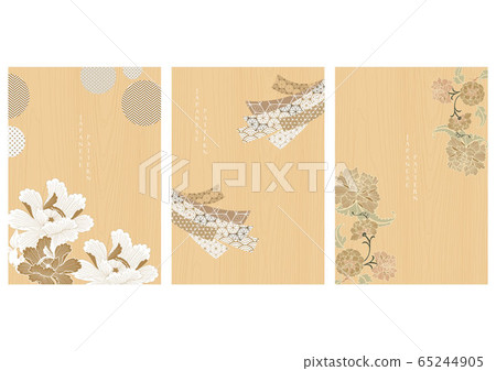 Japanese background with Peony flower decoration vector.Ribbon and geometric pattern. Wooden template. 65244905