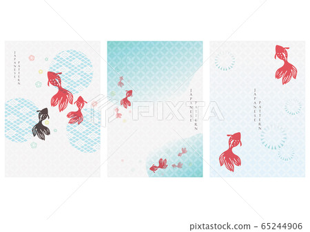 Japanese background with gold fish vector. Asian pattern with icon elements. Water and river template in vintage style. 65244906