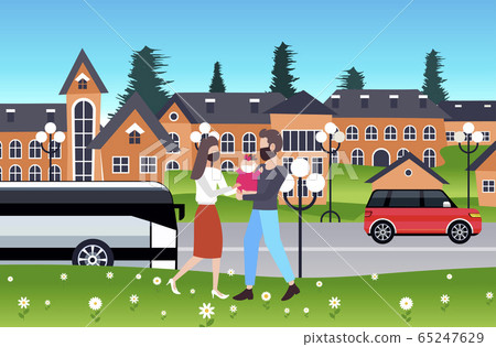 parents walking with baby family wearing masks to prevent coronavirus pandemic covid-19 quarantine 65247629