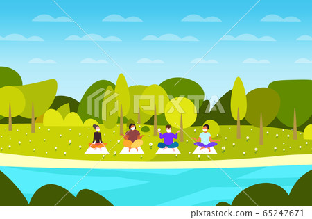 people in medical masks sitting lotus pose and meditating coronavirus pandemic quarantine concept people in medical masks sitting lotus pose and meditating coronavirus pandemic quarantine concept 65247671