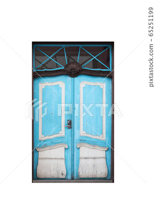 Blue wooden door of an old house isolated on white Blue wooden door of an old house isolated on white 65251199