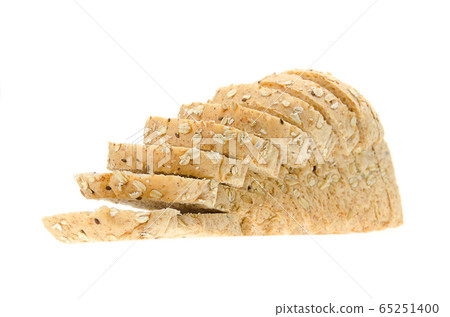 whole wheat with oat bread sliced on white background 65251400