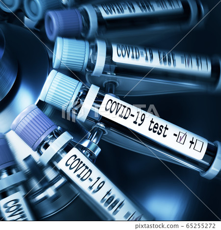 Coronaviruses research, conceptual illustration. Negative COVID-19 test and laboratory sample of blood tasting for diagnosis new Corona virus infection. 3D 65255272