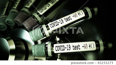 Tube of biological sample contaminated by Coronavirus with label Covid-19. Vials of blood in a centrifuge. Pandemic infectious concept. 3D 65255273